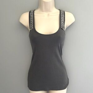 Express Y2K Gray Pima Cotton Ribbed Tank Top with Sequins Size Medium